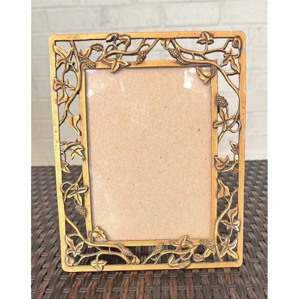 Vintage 7x5 Ornate Metal Ivy Frame, Cottagecore Botanical Tabletop Decor